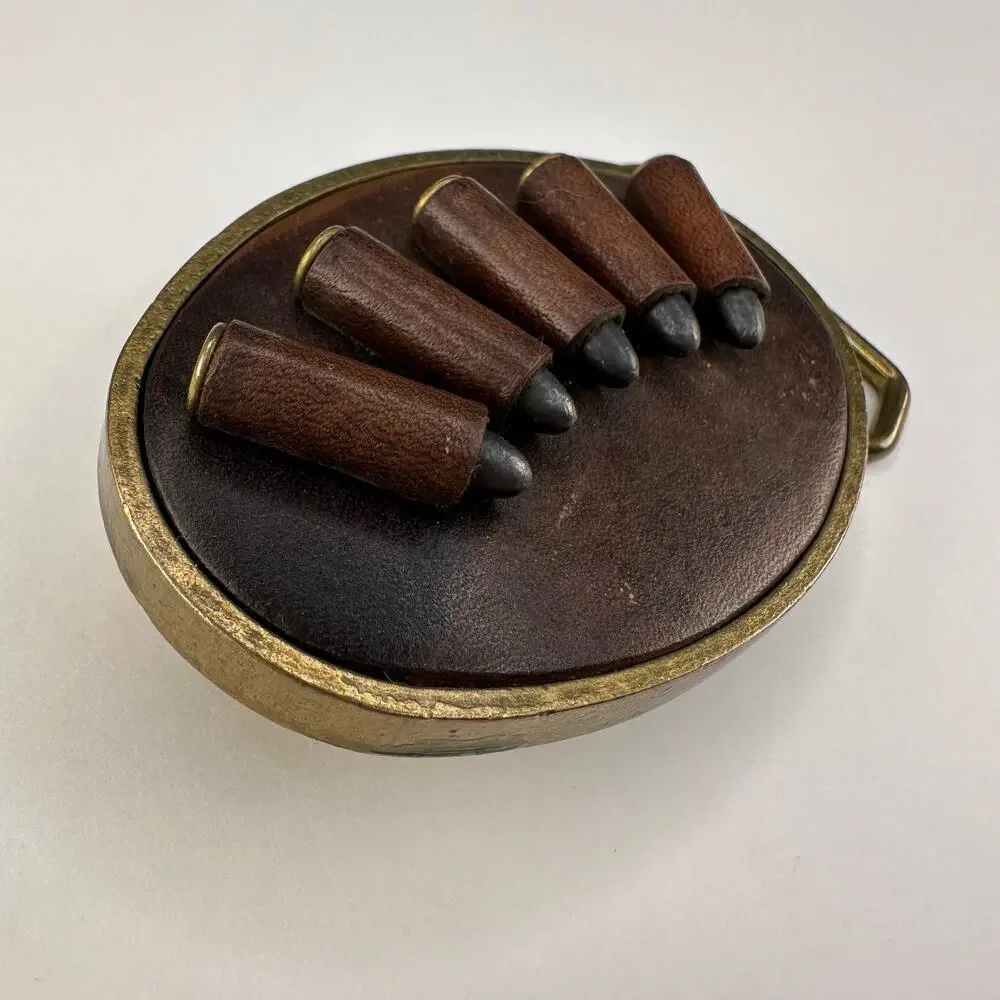 Vintage 1970’s BTS Leather and Brass .22 Caliber Cartridge Slide Belt Buckle